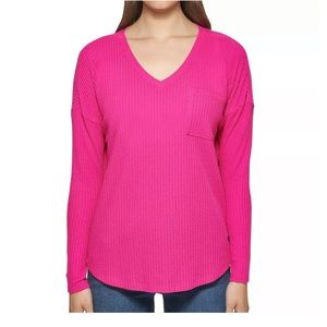 🔥NWT Calvin Klein Shirt Women's Long Sleeve Pink Honeycomb Waffle Knit Top